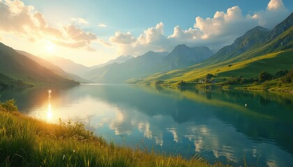 Scenic photo captures a mountain lake. Sunlight shines on grassy slopes reflections in water. Serene landscape shows mountains sky and water. Beauty of nature.