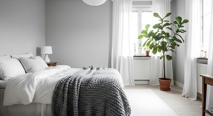 Serene Bedroom Interior with Natural Light and Fiddle-Leaf Fig.