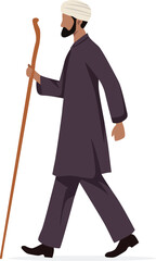 A man wearing a turban and traditional clothing walks while holding a walking stick.