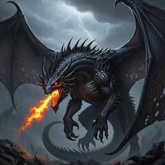 Fearsome Black Dragon Breathing Fire in a Stormy Sky.