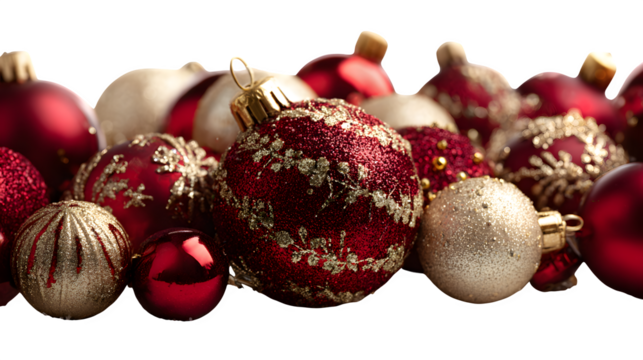 Christmas decorations with red and gold baubles isolated on white background