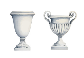 Elegant marble urns painted in soft watercolor style. Antique sculpted urn pair with graceful curves in watercolor.