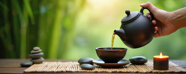 Hand pours hot tea into ceramic cup on wooden table. Zen garden setting features bamboo plants rocks candle. Peaceful moment promotes wellness relaxation mindful lifestyle. Pottery teaware evokes