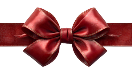 Decorative red ribbon bow tied in horizontal ribbon arrangement with realistic folds and shine isolated on white background