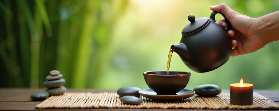 Hand pours hot tea into ceramic cup on wooden table. Zen garden setting features bamboo plants rocks candle. Peaceful moment promotes wellness relaxation mindful lifestyle. Pottery teaware evokes - Powered by Adobe