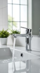 Modern Bathroom Faucet with Running Water and Natural Light.