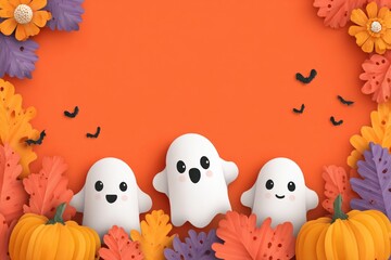 Halloween banner with cute ghosts and pumpkins, paper cut style