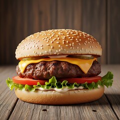 Delicious Cheeseburger with Fresh Ingredients on a Wooden Table.