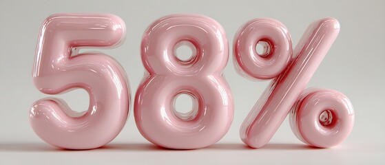 3D pink “58%” number on white background, realistic product shot