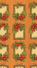 Vintage Frames with Berries on Striped Wallpaper Background.
