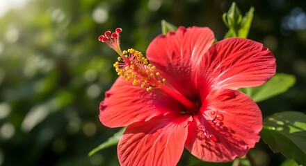 Vibrant Red Hibiscus Blossom in Natural Sunlight.