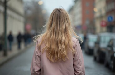 Fototapeta premium Blond teenage girl walks alone on city street. Long wavy hair, wears pink jacket. Back faces camera. Urban background shows blurred buildings, distant people, suggesting feelings of loneliness,