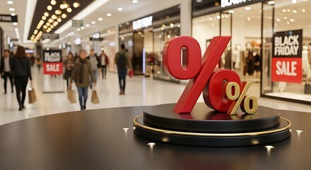 Black Friday Shopping Mall Sale with Percentage Sign Display.
