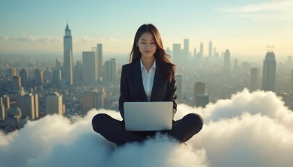 Young asian woman in business suit works on laptop, sits cross-legged on clouds above cityscape. She achieves success, freedom, remote work, digital nomad lifestyle, connection to cloud tech.