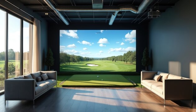 Modern indoor golf simulator room features large screen displaying scenic golf course. Two plush sofas flank setup, offering viewers comfortable perspective. Natural light streams in through large