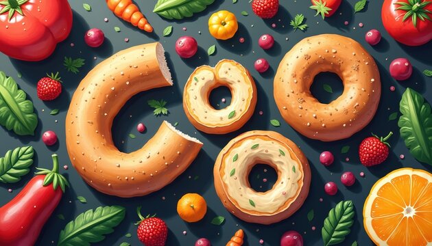 Colorful food illustration features bagels, cream cheese, fresh berries, fruit slices, various garden veggies. Vibrant image presents healthy breakfast, lunch options arranged on dark background.