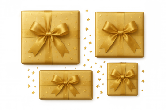 Golden gift boxes with star pattern and ribbon bows, celebrating special occasions, offering luxury presents