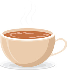 A stylized illustration of a beige cup filled with a steaming brown beverage, resting on a white saucer.