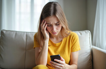 Young woman sits on sofa, looks stressed while reading phone. She touches her head, appears worried. Woman holds smartphone, seems upset by text or message.