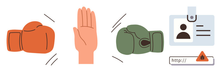 Boxing gloves facing off, raised hand stopping conflict, and ID badge with web security alert emphasizing themes of conflict resolution, identity protection, and communication. Ideal for teamwork