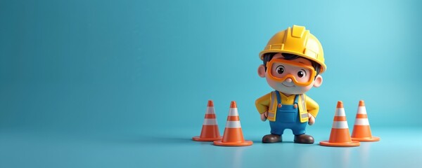 3D render of cartoon construction worker with helmet, safety vest stands near orange traffic cones. Digital art shows roadwork site, occupation concept, job with protective equipment on blue