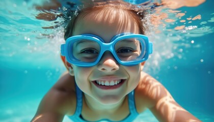 Young girl swims underwater in blue pool. Child wears bright blue goggles with big smile. Glides through clear water, sunlight creating ripple patterns. Happy kid plays, learns swimming, enjoys cool