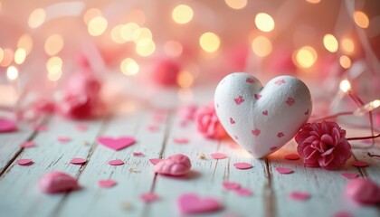 Hearts, pink petals on wooden surface with bokeh lights. Festive decoration on table. Valentine day background. Love concept. Romance event celebration with sweet decor composition. Wedding