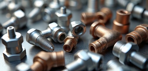 Close-up view of collection of metal fittings with precisely machined threads, finishes. Various stainless steel, copper connectors, couplings for plumbing, industrial use are displayed on surface.