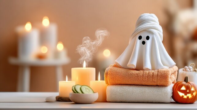 Cute ghost made of towel with turban sitting among candles, cucumbers and pumpkins in cozy spa interior. Concept of halloween relaxation and self care humor