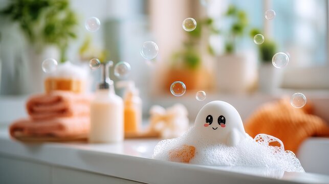 Smiling cute ghost enjoying bubble bath with foam and soap bubbles in cozy bathroom with orange towels and soft light. Concept of halloween relaxation and adorable self care