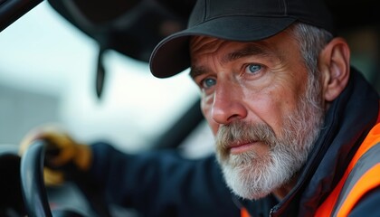 Mature man with grey beard, blue eyes, wears black cap, orange safety vest. He holds steering wheel, looking focused, determined. He works as mechanic or driver, concentrating intently on task.