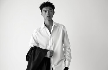 Young man in white shirt and black jacket. He is standing, looking straight, with jacket over his arm. Man has short dark hair. He wears elegant outfit in studio.