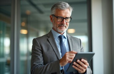 Mature businessman in suit using tablet in office. Elderly man with glasses holds device working. Senior corporate manager looks at screen. Business professional using tech at work