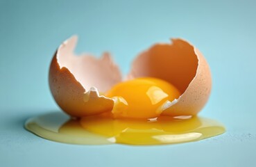 Brown egg cracked open, revealing vibrant yellow yolk, clear runny white. Raw egg liquid spreads on light blue background. Fresh ingredient food ready for cooking baking healthy breakfast delicious