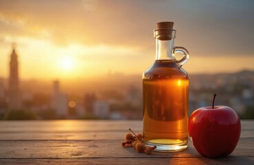 Glass bottle of apple cider with cork stopper on wooden table. Red apple and dry flowers nearby. City skyline at sunset in background. Bottle contains golden liquid. Apple is ripe and fresh.