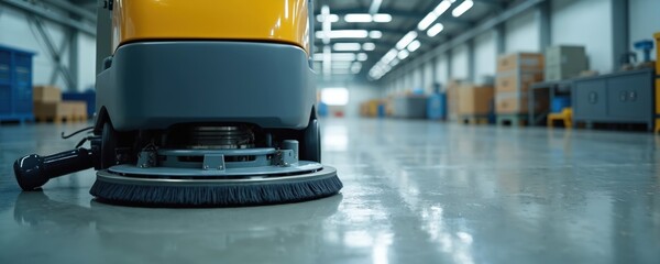 Industrial floor scrubber operates in a large modern warehouse. Machine cleans shiny concrete floor. Boxes and storage shelves visible in background. Automation enhances workplace hygiene.