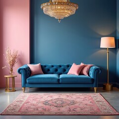 Elegant living room displays blue tufted sofa with pink pillows. Blue and pink walls complement a large ornate chandelier. A floor lamp and oriental rug complete this stylish interior.