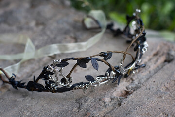 Beautiful witch diadem. Decoration for ritual in forest. Halloween.