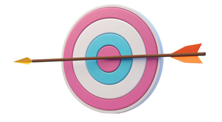 Arrow dead-center through pink, white, cyan target. High-accuracy success