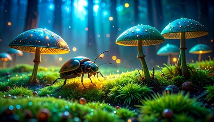 Fototapeta premium Enchanting beetle explores glowing mushrooms in a magical forest, perfect for whimsical designs and fantasy illustrations, evoking wonder and adventure.