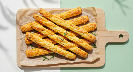 Freshly baked cheese breadsticks on wooden cutting board  