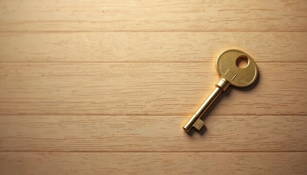 Golden key rests on light wood table. Symbolizes access, security, new beginnings, or property ownership. Represents opportunity and decision making.