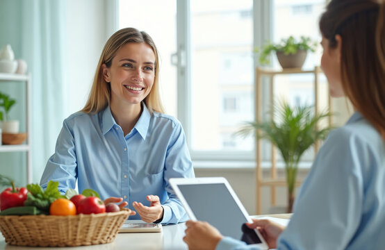 Nutritionist talks with patient about healthy diet. Woman smiles, gesturing towards vegetables and fruits in basket. Discussing food plan for wellness and weight loss.