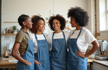 Four smiling diverse women in denim aprons stand close together in workshop. They support each other showing teamwork in sewing studio. Small business coworkers, fashion designers celebrate success.