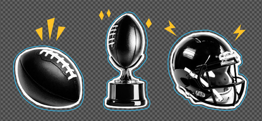 Halftone American football set with ball, helmet, and trophy in retro comic style. Sticker design for championship, college games, fan art, prints, posters, and sport projects.