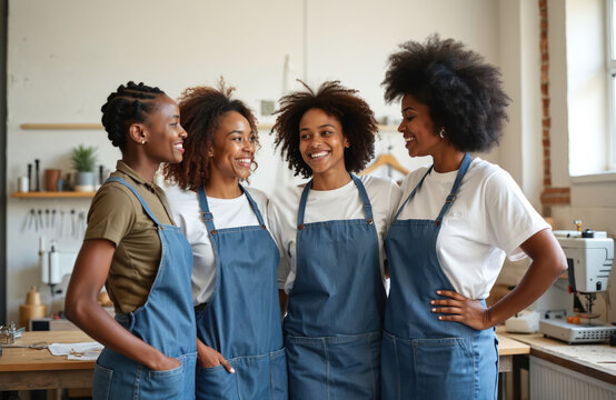 Four smiling diverse women in denim aprons stand close together in workshop. They support each other showing teamwork in sewing studio. Small business coworkers, fashion designers celebrate success.