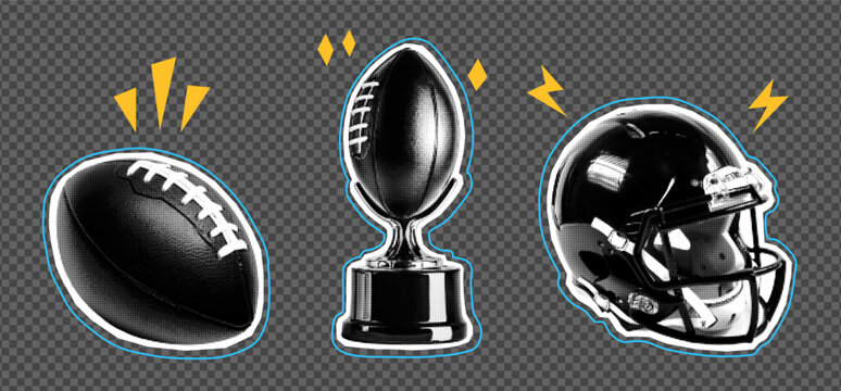 Halftone American football set with ball, helmet, and trophy in retro comic style. Sticker design for championship, college games, fan art, prints, posters, and sport projects. - Powered by Adobe
