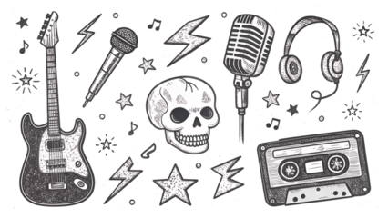 A vibrant vector illustration set of musical instruments for jazz and rock, including a guitar, bass, and piano