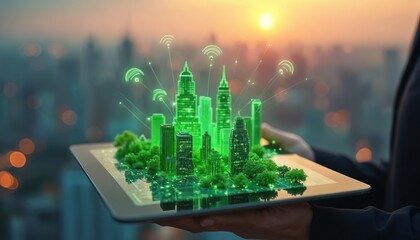 Person holds tablet showing green smart city model. Eco buildings, trees, glowing wireless network symbols connect urban landscape. Digital blueprint for future development with cityscape, sunset.