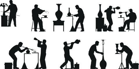 Silhouette of glassblowers creating vases, artisans working with molten glass, traditional glassblowing craft process